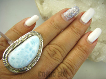 bpe8144 PIĘKNY OKAZ !!! Pierścień RZADKI Anielski kamień Błękitny LARIMAR - stawy, serce, lęki , otwiera czakrę gardła r.22 Srebro 925 #