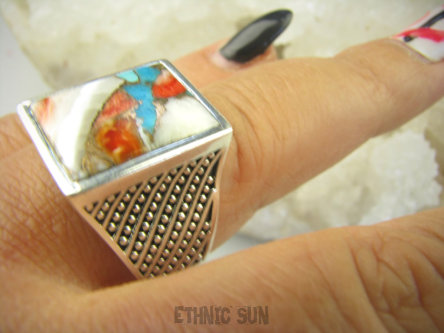 bpe8914 Wielobarwna Ostryga - Wspaniały Sygnet Damski lub Męski Pierścień OSTRYGOWY TURKUS MIEDZIANY Turkus OSTRYGA Muszla złota MIEDZ  DUŻY ROZMIAR  r.27 Srebro 925 #