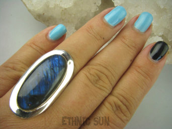 bpe6376 Klasyczny Długi 3.9 cm Lśniący Pierścień Granatowy Labradoryt Spektrolit r.17 Lśniące Srebro 925 #