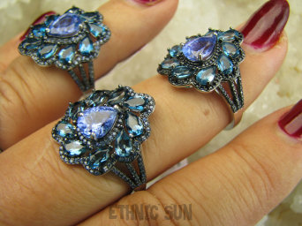 bpee4559 Prawdziwy skarb HRABIANKA Pierścień na wzór starych kolekcji Pierścionek naturalny Indygolit oraz Cyrkonie r.14/ r.15 SREBRO RODOWANE 925 #