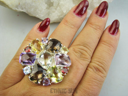 bpee4562 Królewski Klejnot ! WIELOBARWNY DUŻY 21g OKAZ ! Pierścień Pierścionek naturalny Cytryn, Ametyst, Kwarc Dymny, Granaty, Blue Topazy r.17/ r.18 SREBRO 925 #