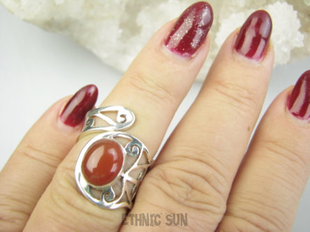 bpe9341 Artystyczny Ażurowy Regulowany Pierścień Pierścionek Czerwony Onyks r.13, r.14, r.15 szeroka obrączka Srebro 925