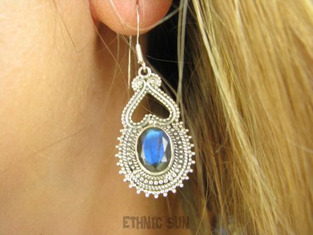 bkee1089 Kamień Zorzy Egzotyczne Śliczne Ażurowe Długie LEKKIE Kolczyki szlifowany Labradoryt Spektrolit Srebro 925