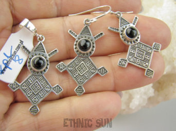 kpl8 Piękny Komplet Wisior i Kolczyki AZTECKIE WZORY z Onyksami Czarny Onyks Aztekowie Meksyk Srebro 925