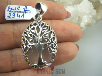 bwe2341 Cudowne pękate DRZEWO ŻYCIA - symbol nieśmiertelności !!!! PRZEPIĘKNY DWUSTRONNY ORIENTALNY Wisior Kwarc Różowy Srebro 925 #