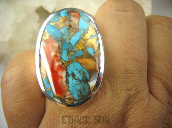 bpe7862 Wielobarwna złocista Ostryga Klasyczny Pierścień OSTRYGOWY TURKUS MIEDZIANY Turkus OSTRYGA Muszla złota MIEDZ r.19/ r.20 Srebro 925 #