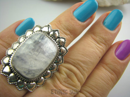 bpe4037 Duży 3,5 cm Piękny Kwiat Masywny Egzotyczny Pierścień Kamień Księżycowy r.13 (mały rozmiar) Srebro 925 #