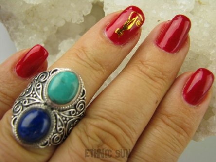 bpe6467 Biżuteria Orientalna !!! Przepiękny Masywny Pierścień Turkus Turkusy Lapis Lazuli r.13 Srebro 925 #