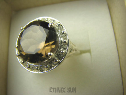 bpee3592 CUDOWNY LUX Wysoki Pierścień szlifowany Kwarc Dymny - kamień antystresowyr.18 Srebro 925 #