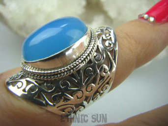 bpe5656 Cudowny, Ażurowy, Długi 3,1 cm Pierścień z Chalcedonem CHALCEDON - tarczyca (czakra gardła) r.12/ r.13 Lśniące kute Srebro 925 # MAŁY ROZMIAR 