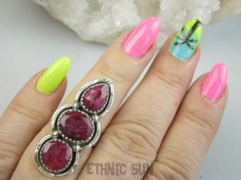 bpee4499 Długi 3.8 cm WSPANIAŁY KUNSZTOWNY Pierścień Pierścionek RUBIN INDYJSKI Rubiny r.14 SREBRO 925 #