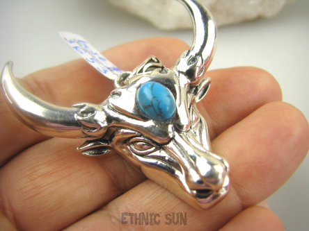 bwe3653 Wspaniały masywny wisior 25 g ! IDEALNY PREZENT DLA FACETA Głowa Byka BYK - symbol siły, wytrwałości, stabilności !!!! Bull Turkus Turkusy SREBRO 925 #