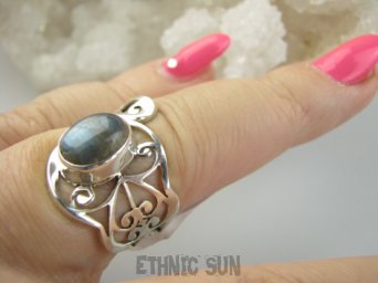 bpe9315 Niezwykły Artysta Ażurowy Regulowany Pierścień Pierścionek naturalny Labradoryt Spektrolit r.13 r.14, r.15, r.16 szeroka obrączka Srebro 925