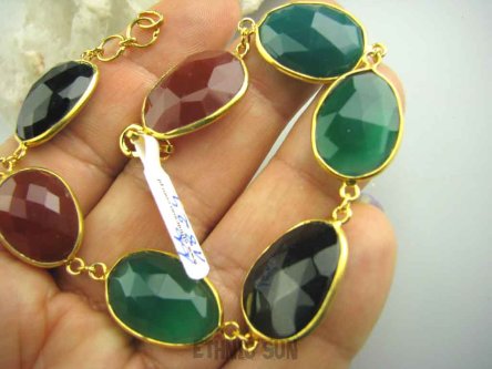 bb1824 PIĘKNA Bransoleta Duże Okazy Kamieni KARNEOL , HELENIT, ONYKS Srebro 925 pozłacane miedzią