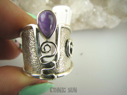 bpe9070 PIĘKNY GORSET niespotykany wzór ciekawy Regulowany PIERŚCIEŃ Pierścionek Ametyst szeroka obrączka r.15, r.16, r.17 Srebro 925 #