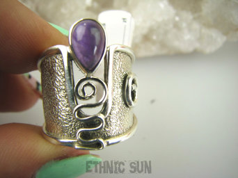 bpe9070 PIĘKNY GORSET niespotykany wzór ciekawy Regulowany PIERŚCIEŃ Pierścionek Ametyst szeroka obrączka r.15, r.16, r.17 Srebro 925 #