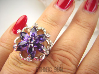 bpee4143 BOSKO PIĘKNA GWIAZDA WIECZORU Pierścień Pierścionek naturalne Ametysty, Ametyst oraz Cyrkonie r.12 mały rozmiar  SREBRO RODOWANE 925 #