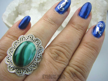 bpe5891 Baśniowo Piękny DUŻY Pierścień  Zielony MALACHIT w koronkach  r.15 Srebro 925 #