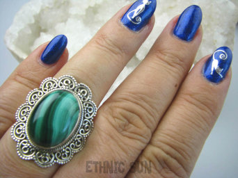 bpe5891 Baśniowo Piękny DUŻY Pierścień  Zielony MALACHIT w koronkach  r.15 Srebro 925 #