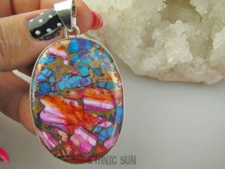 bwe3835 FANTASTYCZNY duży wisior 6,3cm /3,6 Wielobarwny aż 21G OSTRYGOWY TURKUS MIEDZIANY Mojave OSTRYGA Muszla złota MIEDZ Srebro 925 #