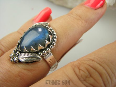 bpe9107 Śliczny Orientalny Pierścień Pierścionek Labradoryt Spektrolit - kamień Zorzy Polarnej r.14 Srebro 925 #