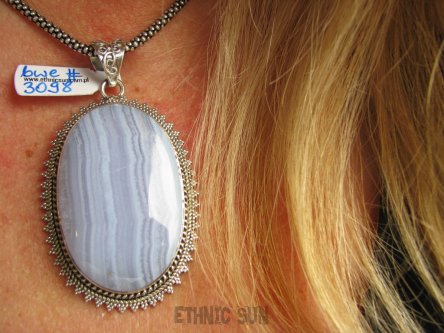 bwe3098 Egzotyczny Wisior KORONKOWY AGAT BLUE LACE  - kamień spokoju i pozytywnego myślenia idealny na STRES, CHOROBY OCZU, USZU UKOJENIE DUSZY Srebro 925 #