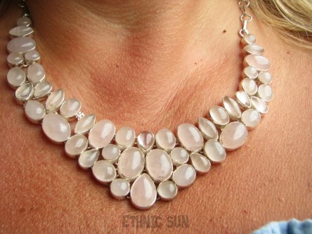 bn1559 Ale Cudo Piękny KOMPLET ! Elegancka DUŻA 82g !! Kolia Regulowany Naszyjnik i Kolczyki Kwarc Różowy - kamień mocnego serca Srebro 925 #