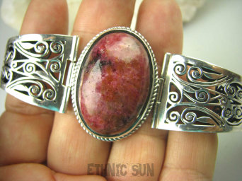 bb2972 KASETOWA Masywna 52 gramy !!! WYGODNA NA MAXA leży jak zegarek cudnie zdobiona DUŻA BRANSOLETA Naturalny Rodonit Srebro 925 #