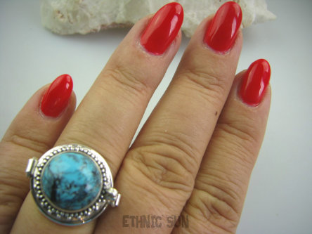 bpe4900 PRZEPIĘKNY UNIKAT NA SZCZĘŚCIE !!! SEKRETNIK Otwierany Pierścień na Zdjęcia lub Marzenia oraz Truciznę niebieski Turkus Turkusy r.16 Srebro 925 #