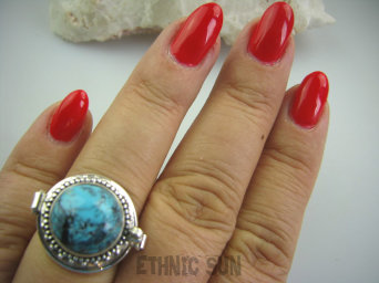 bpe4900 PRZEPIĘKNY UNIKAT NA SZCZĘŚCIE !!! SEKRETNIK Otwierany Pierścień na Zdjęcia lub Marzenia oraz Truciznę niebieski Turkus Turkusy r.16 Srebro 925 #