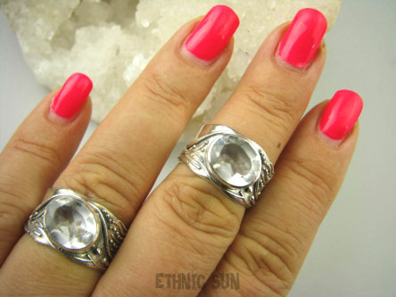 bpee3448 Piękny Pierścień Pierścionek Bezbarwny Kryształ Górski - naturalny odpromiennik r.16/ r.17 szeroka obrączka Srebro 925 #