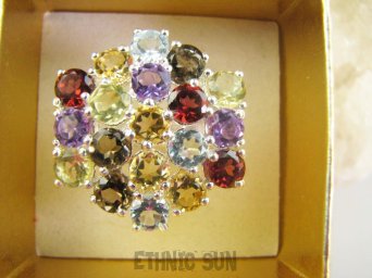 bpee4708 BOSKO PIĘKNY WIELOBARWNY Pierścień Pierścionek naturalny Cytryn, Ametyst, Blue Topaz, Granat, Kwarc Dymny r.18 SREBRO 925 #