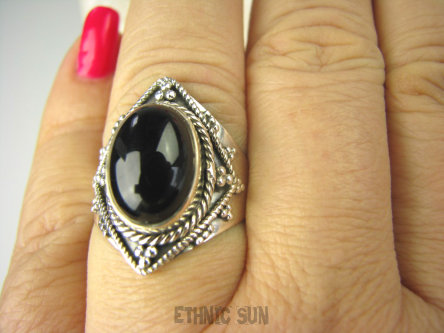 bpe6858 Śliczny Orientalny Delikatny Pierścień czarny ONYKS regeneruje SERCE, EGZEMY, PAMIĘĆ r.15 Srebro 925