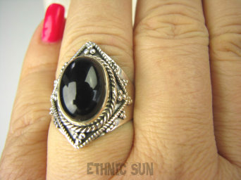 bpe6858 Śliczny Orientalny Delikatny Pierścień czarny ONYKS regeneruje SERCE, EGZEMY, PAMIĘĆ r.15 Srebro 925