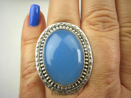 bpe7179 DUŻY Okaz Błękitne Cacko Niebieski WSPANIAŁY Pierścień CHALCEDON (TARCZYCA) r.17 egzotycznie zdobione Srebro 925 #