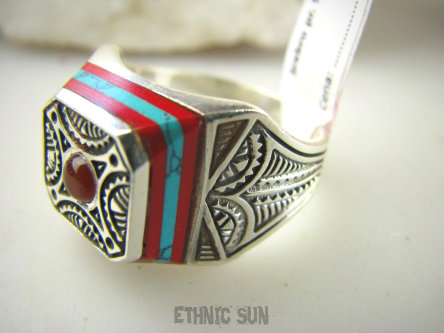 bpe9010 SYGNET SUŁTANA jak z Baśni UNISEX Wooow Zabójczo Piękny PIERŚCIEŃ Pierścionek Inkrustowany Koral Turkus oraz Czerwony Onyks r.22 Srebro 925 #