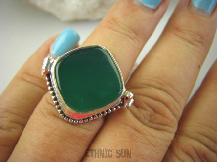 bpe6306 Biżuteria Orientalna !!! Otwierany Pierścień na Zdjęcia, Marzenia lub truciznę SEKRETNIK Zielony ONYKS r.14 Srebro 925 #