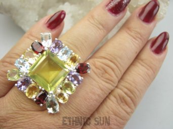 bpee4558 Wooow BOSKO PIĘKNY WIELOBARWNY CZWOROKĄT DUŻY OKAZ  !! Regulowany Pierścień Pierścionek naturalny Cytryn, Ametyst, Blue Topaz, Granaty r.13, r.14, r.15, r.16 SREBRO 925 #