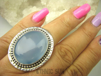 bpe7924 DUŻY NIEZWYKŁY Aqua wodny przystojniak niebiesko przeświecające Cacko WSPANIAŁY Pierścień CHALCEDON (TARCZYCA) r.19 egzotycznie zdobione Srebro 925 #
