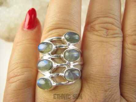 bpe8953 ZAKRĘCONA SPIRALA !!!! Ażurowy Pierścień Pierścionek potrójna obrączka Labradoryt Spektrolit r.16 Srebro 925 #