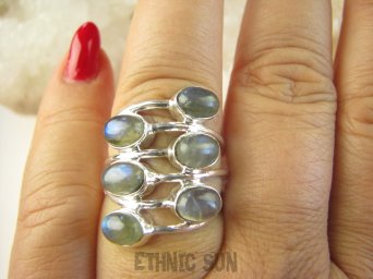 bpe8953 ZAKRĘCONA SPIRALA !!!! Ażurowy Pierścień Pierścionek potrójna obrączka Labradoryt Spektrolit r.16 Srebro 925 #