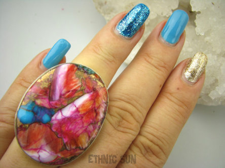 bpe8529 Boski Wielobarwny OKAZ 3.9 cm / 3 cm Pierścień Pierścionek OSTRYGOWY TURKUS MIEDZIANY Mojave OSTRYGA Muszla złota MIEDZ r.16 Srebro 925 #