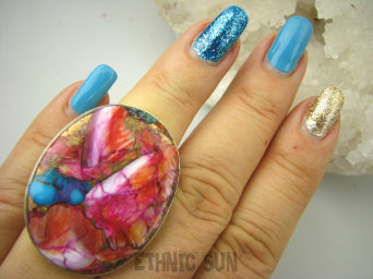 bpe8529 Boski Wielobarwny OKAZ 3.9 cm / 3 cm Pierścień Pierścionek OSTRYGOWY TURKUS MIEDZIANY Mojave OSTRYGA Muszla złota MIEDZ r.16 Srebro 925 #