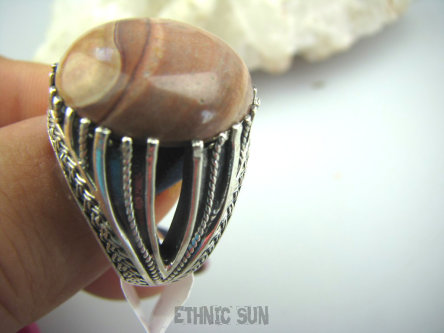 bpe5213 Czekoladowa pieknosć z toffi  MAROKAŃSKI Pierścień KOJĄCY JASPIS MOKAIT - kamień antystresowy r.18 MAROKO Srebro 925 #