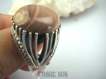 bpe5213 Czekoladowa pieknosć z toffi  MAROKAŃSKI Pierścień KOJĄCY JASPIS MOKAIT - kamień antystresowy r.18 MAROKO Srebro 925 #