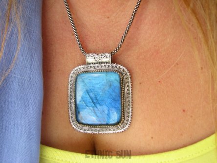 bwe3678 CACKO  Max blask Niebieściutki orientalny DUŻY Masywny 33 gramy !!! Wisior Zawieszka LABRADORYT Spektrolit SREBRO 925 #