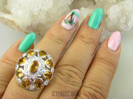 bpee4073 Lśniąca Kopuła Piękny Pierścień Pierścionek złociste  Cytryny, Cytryn oraz Cyrkonie r.14 SREBRO RODOWANE 925 #