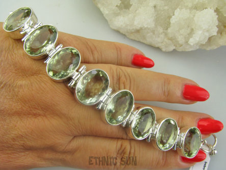 bb3826 Luksusowa DUŻA 45 gramów !!!  BOSSSKA Bransoleta Unikat RZADKI kamień ZIELONY AMETYST 8 sztuk Srebro 925 CUDOWNA  #