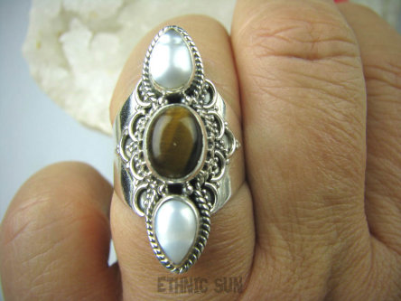 bpee2939 LŚNIĄCY Egzotyczny Pierścień hodowlane prawdziwe PERŁY PERŁA , naturalne Tygrysie Oko r.17 Srebro 925 #