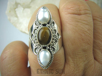 bpee2939 LŚNIĄCY Egzotyczny Pierścień hodowlane prawdziwe PERŁY PERŁA , naturalne Tygrysie Oko r.17 Srebro 925 #